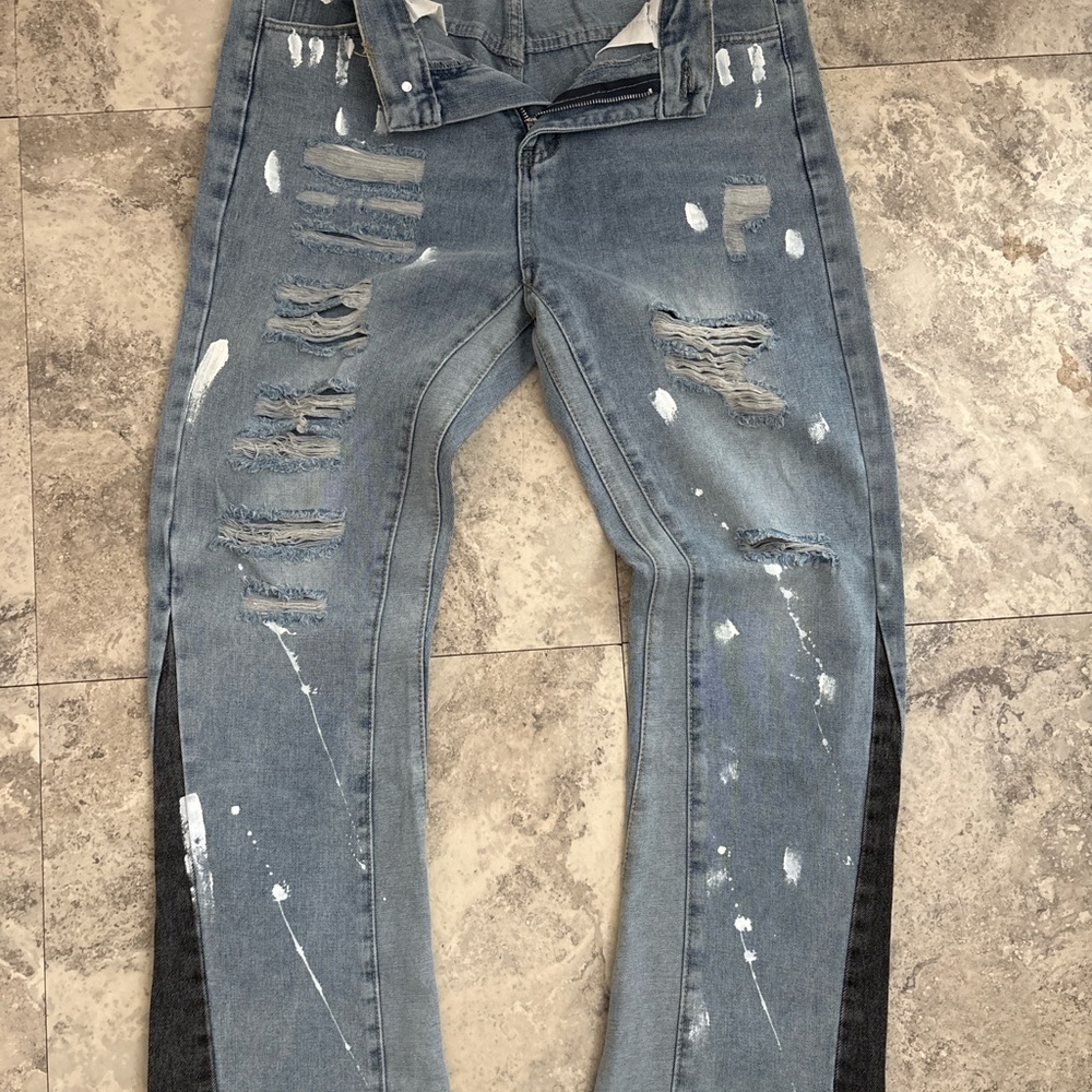 Gallery Dept Blue Skinny Jeans with Distressed Paint Splatter